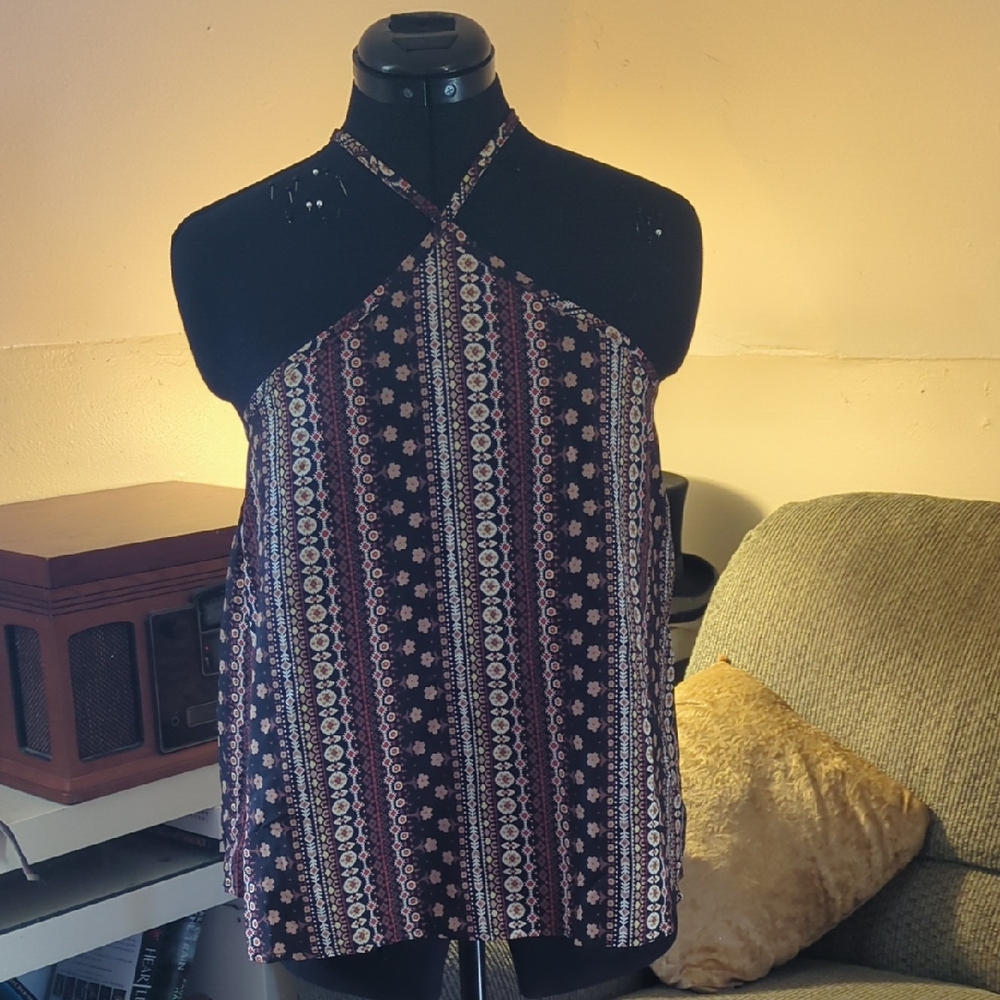 SHEIN Black and Burgundy Cross Halter Floral Stripe Camisole